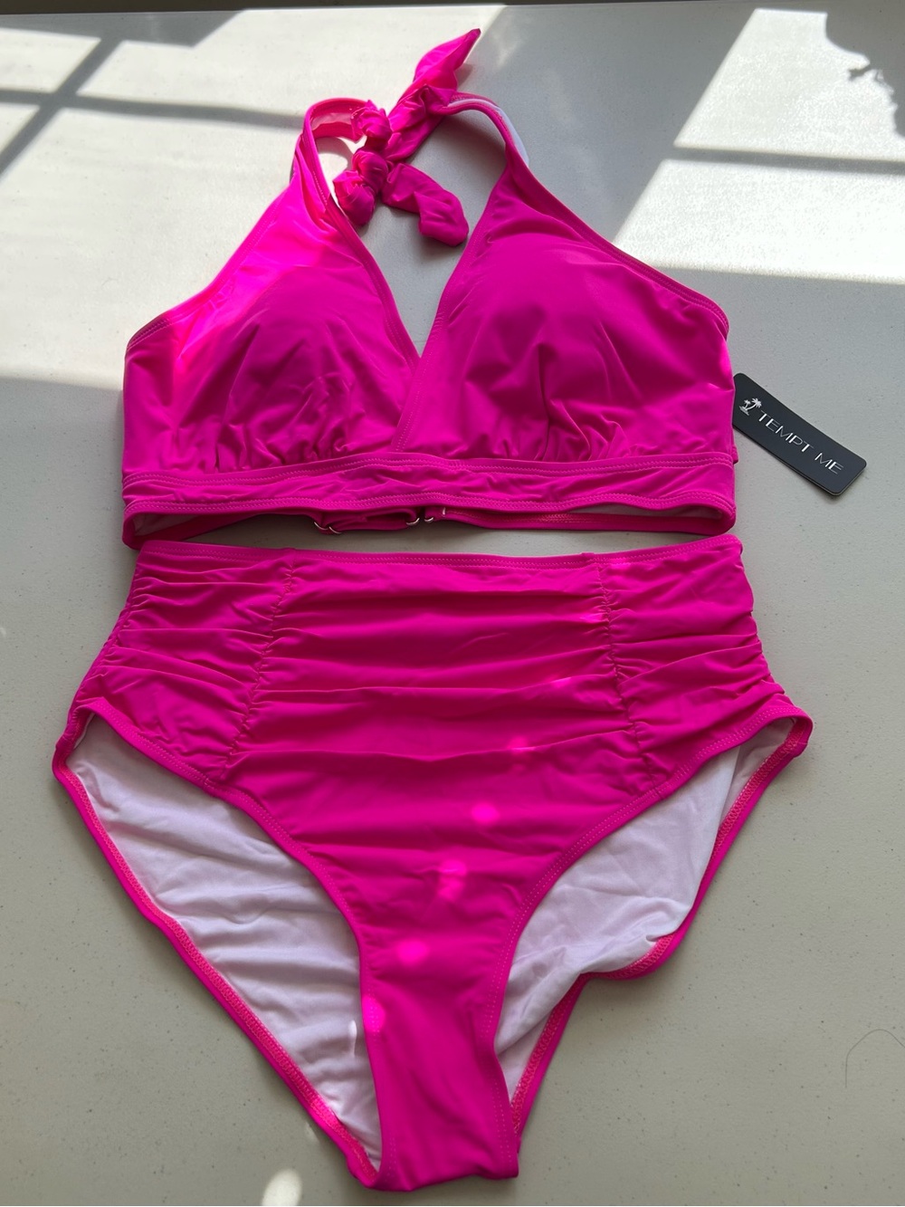 Tempt Me Womens High Waisted Neon Pink Bikini Set Two Piece Swimsuit Medium New